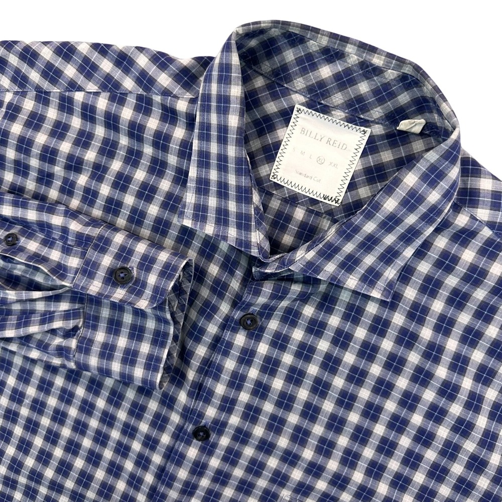 Billy‎ Reid Standard Cut Long Sleeve Shirt Men's XL Blue Gray Check Plaid Casual